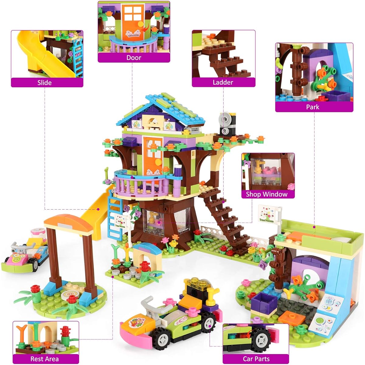 Treehouse Building Blocks Treehouse Pool Party Creative Building Toy Set for Kids 1274 Pieces Learning Role Play Festival Birthday Gift with Storage Box Mini Dolls Toy Juice Bar and Wave Machine