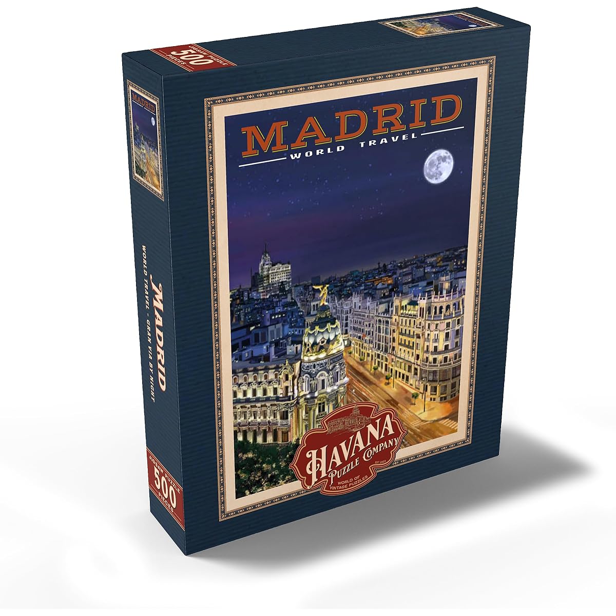 Madrid, Spain - Gran Via at Night, Vintage Travel Poster - Premium 500 Piece Jigsaw Puzzle for Adults