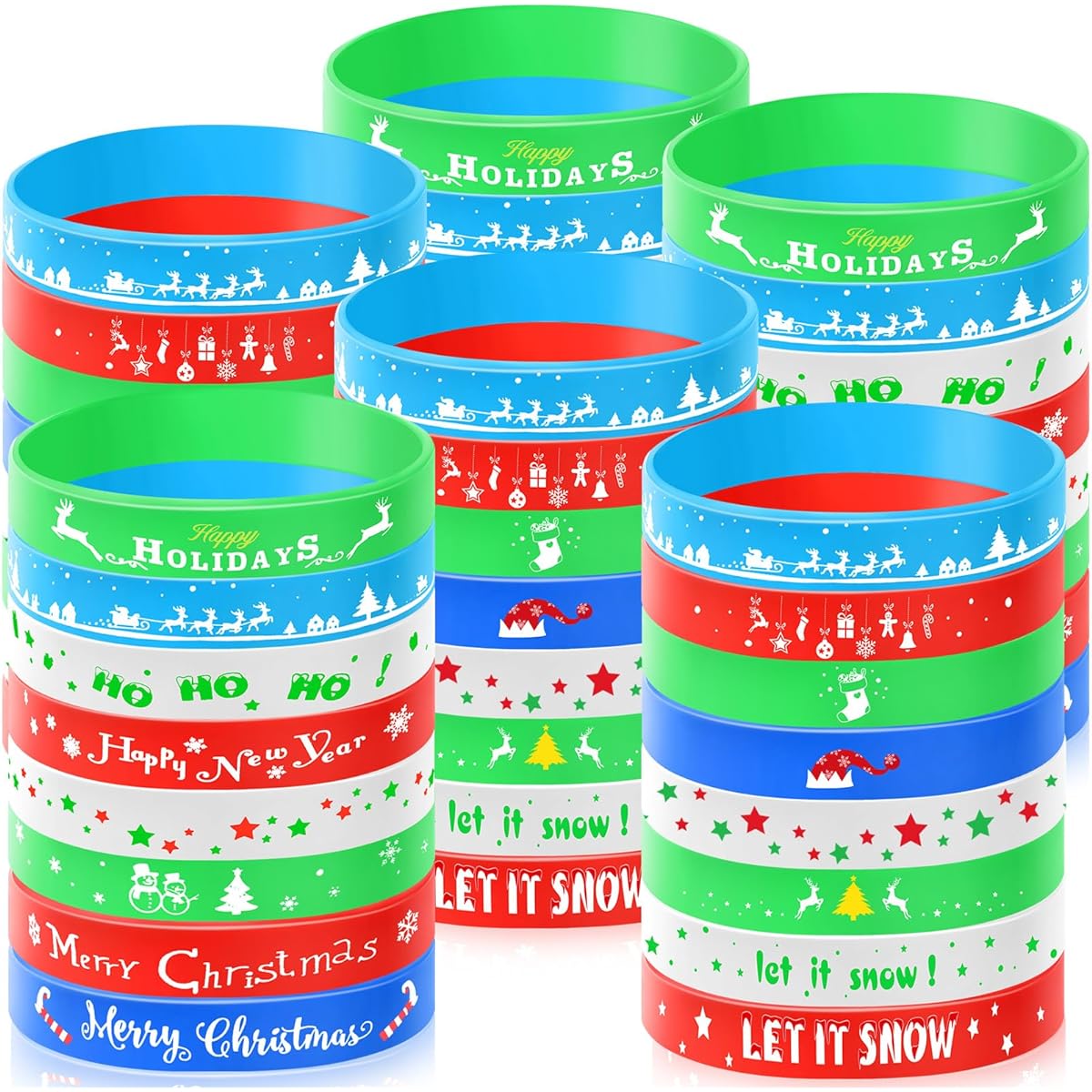48 Pieces Christmas Wristband Silicone Bracelet Christmas Rubber Band Wristband Accessories Gift Kids Adult Stocking Stuffer Holiday Decoration Wristband Party Supplies