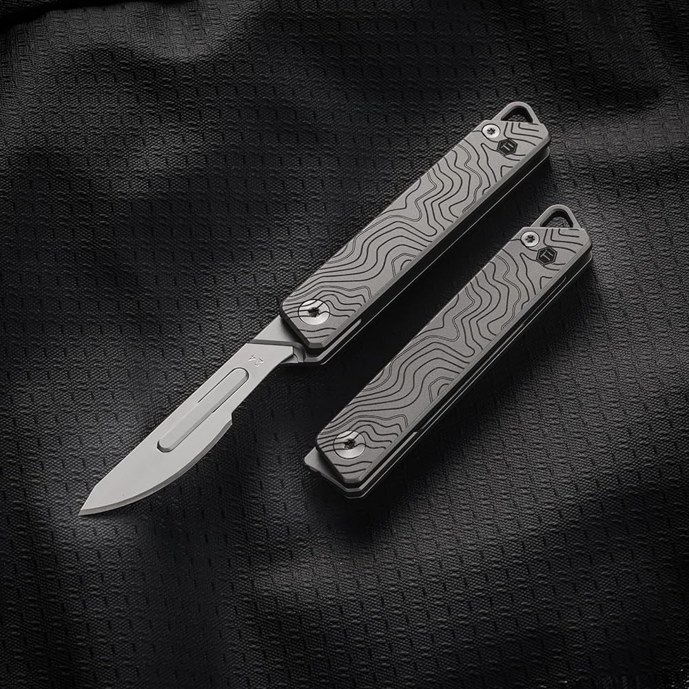 KeyUnity KK02 Titanium Knife, Folding Knife, Small Folding Knife, Design Knife, EDC Knife, Titanium Alloy, Open with One Hand, Includes 24 Replaceable Blades, Replaceable Blades, Outdoor, Home, Gift, 2 Colors (Suminagashi)