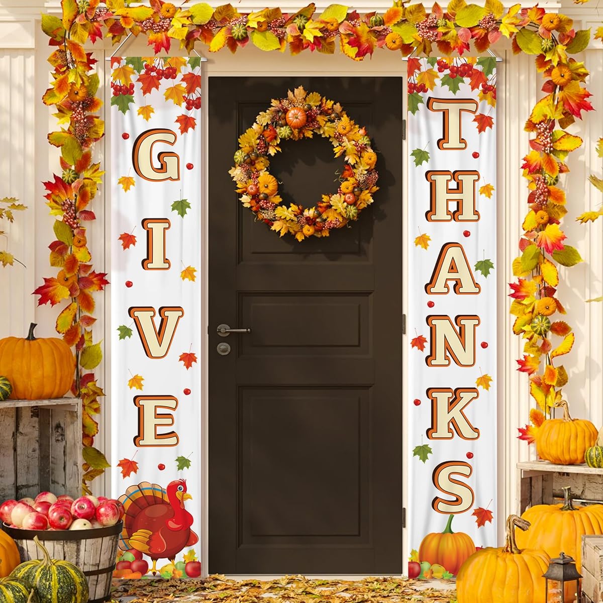 KatchOn Happy Thanksgiving Banner 72x12inch "Give Thanks" Banner, "Give Thanks" Hanging Banner, Happy Thanksgiving Door Banner, "Give Thanks" Vertical Banner, Harvest Thanksgiving Decorations