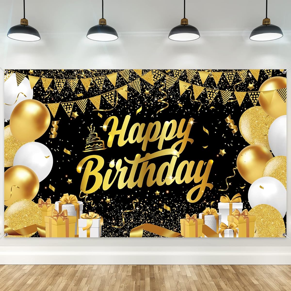 RUBFAC Happy Birthday Banner Backdrop Decoration Glitter Black Gold Banner Party Supplies Photo Background for Women Men Kids