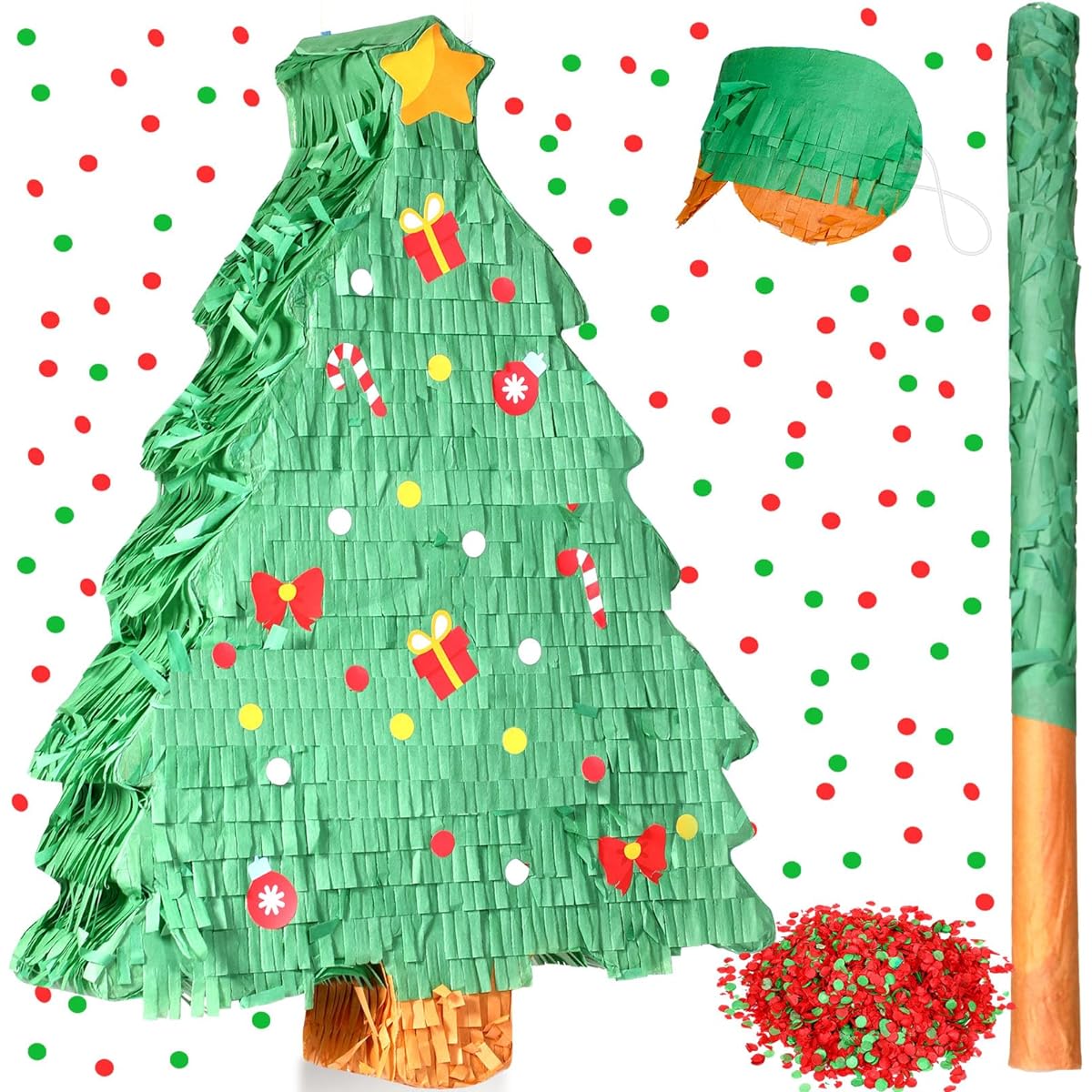 Qeeenar Christmas Tree Pinata 16inch Christmas Pinata with Stick Blindfold and Confetti Pack Christmas Mexican Pinata Bundle for Boys Girls Birthday Xmas Holiday Pinata Games, Please See the Picture