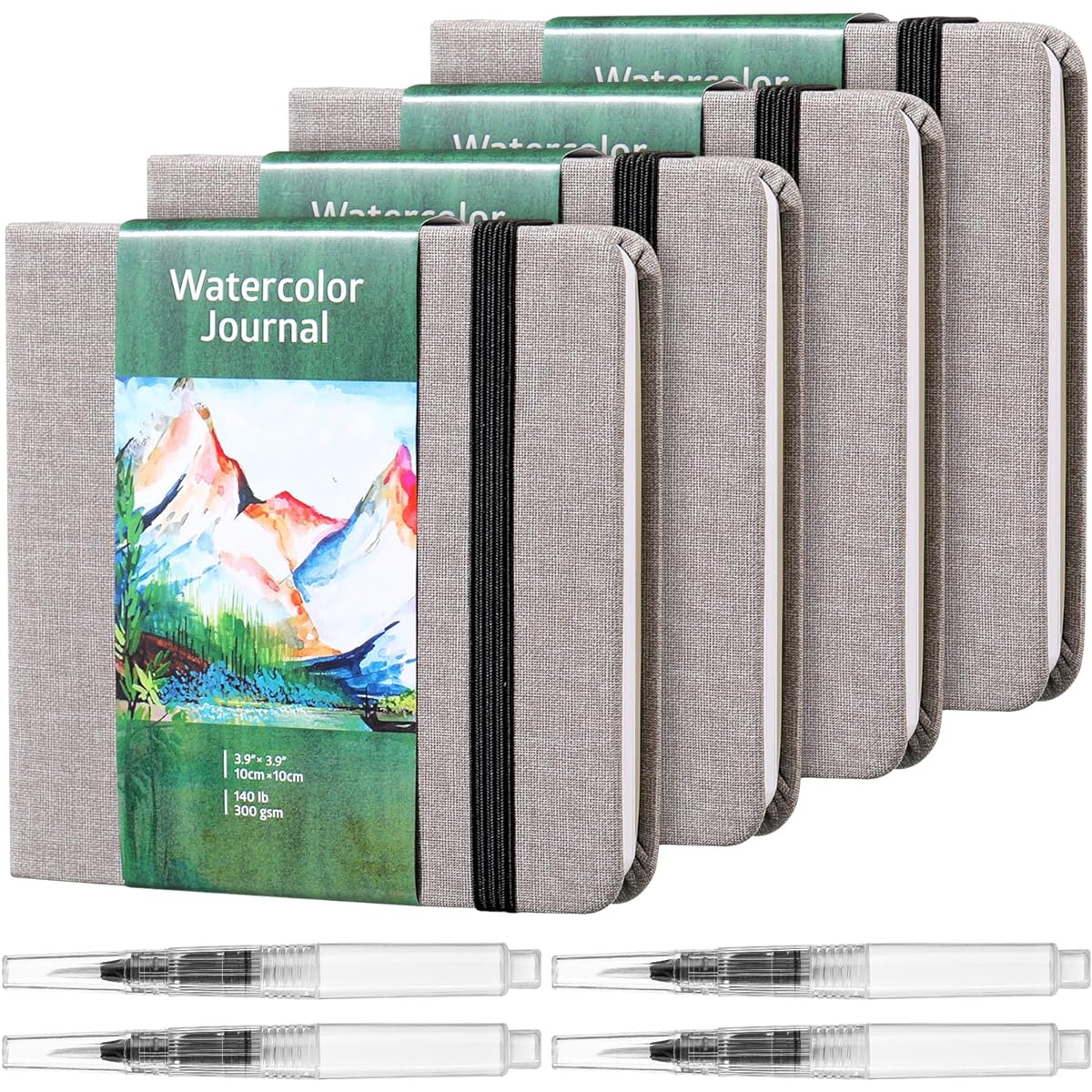 Gaillty 4 Sets Watercolor Sketchbook Journal with Watercolor Brush Pen 300GSM Cotton Paper Portable Square Small Pocket Notebook Travel Painter Art Supplies (3.9 x 3.9 inch)