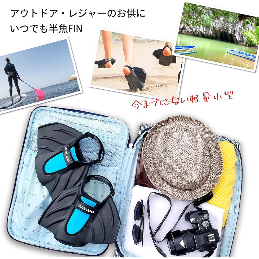 Running flippers, half-fish FIN, flippers, snorkeling, scuba diving, for beginners, swimming fins, strap fins, easy to put on and take off, lightweight, comfortable, adults, men, women, children, kids waveo