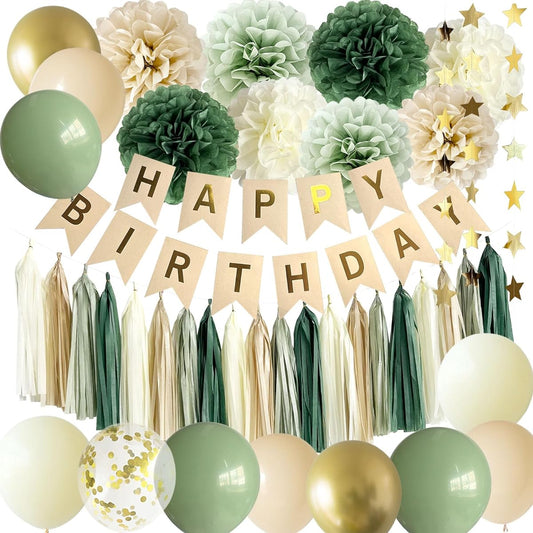 ANSOMO Sage Green Happy Birthday Party Decorations Retro Green Nude Ivory Dark Olive Kraft Paper Banner Balloons Neutral Rustic Boho Blush Safari Botanical Green Wild Decor Supplies for Women Adults