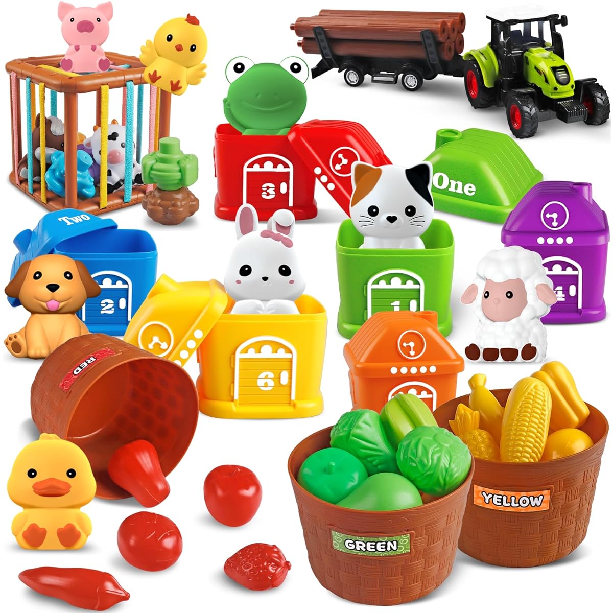 Wuzhineisn Learning Toys for 1 2 3 Years Old Toddler Farm Animals Montessori Toys for 6-18 Months Kids Finger Puppets Counting Matching Sorting Play Food Tractor Truck Gift for Boys Girls