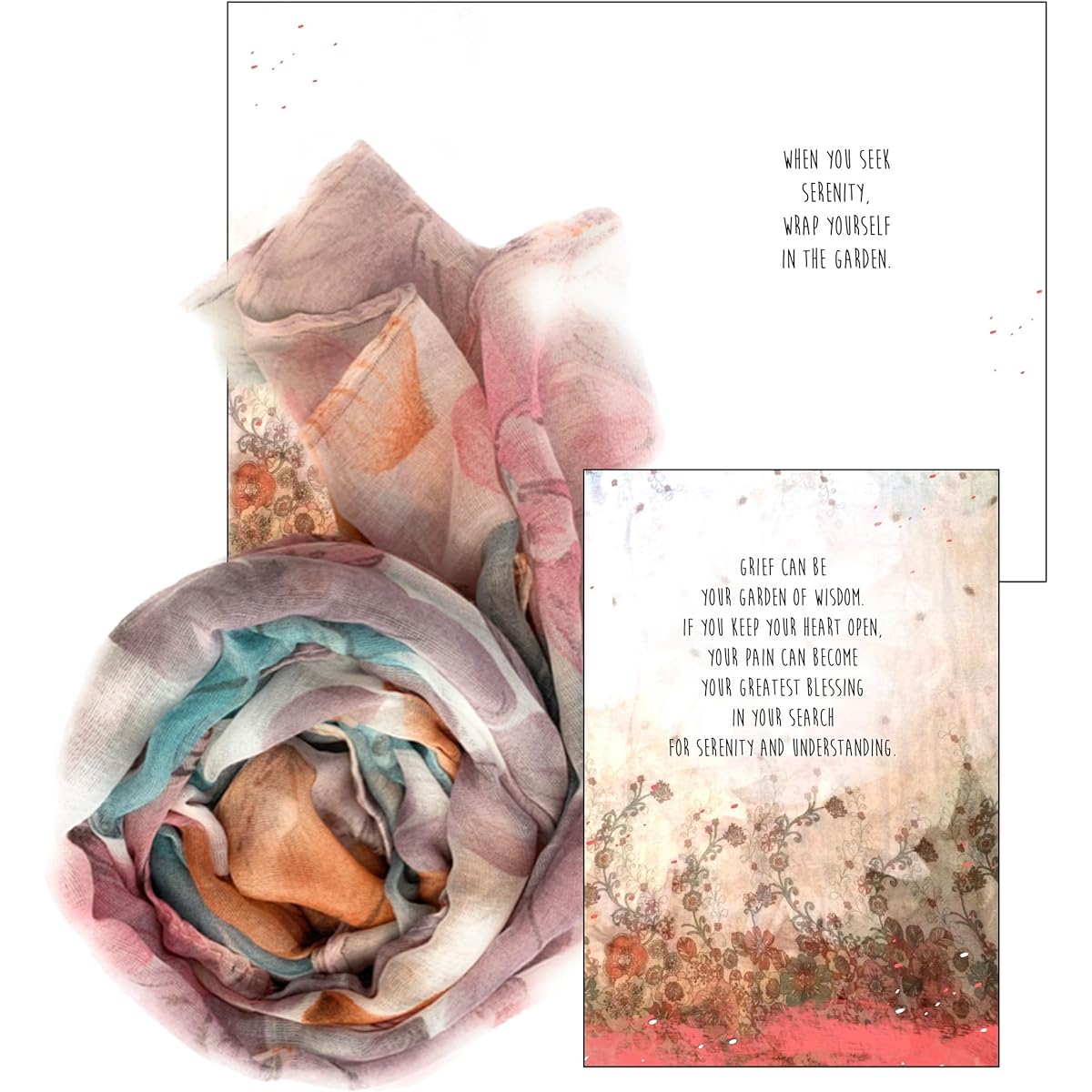 Smiling Wisdom - Sympathy Greeting Card and Embrace Floral Scarf Gift Set - Female Friends (Watercolor Garden)