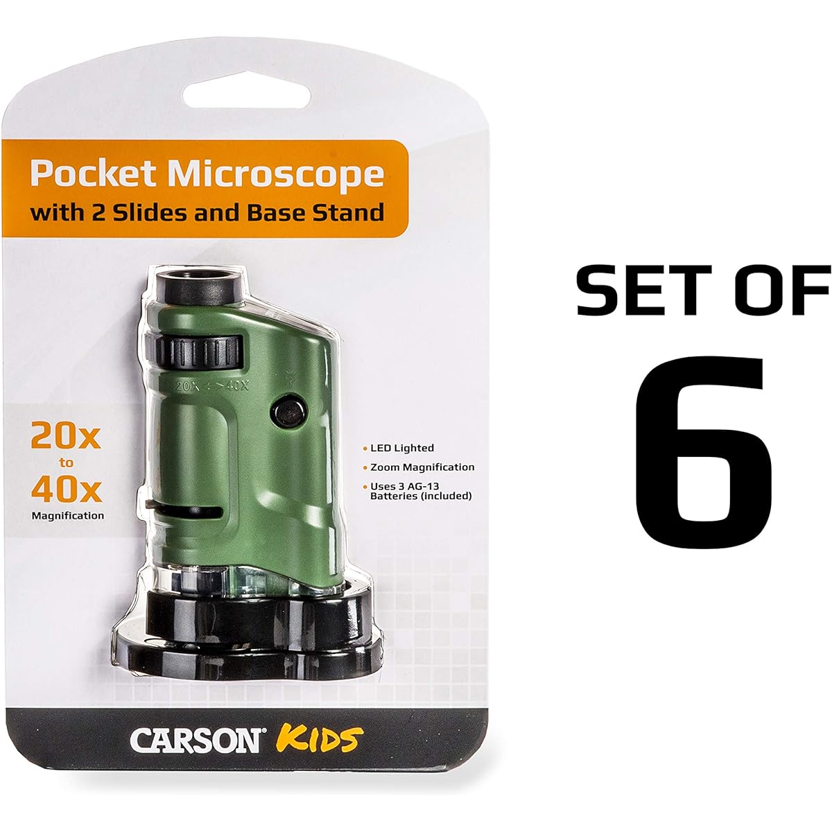 Carson MicroBrite 20x40x LED Lighted Pocket Microscope for Learning, Teaching, and Exploration - Set of 6 (MM-24MU)