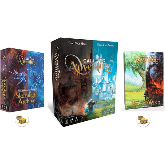 AMA Call to Adventure Base Game The Stormlight Archive and Name of The Wind Expansions Plus 2 Treasure Chest Buttons