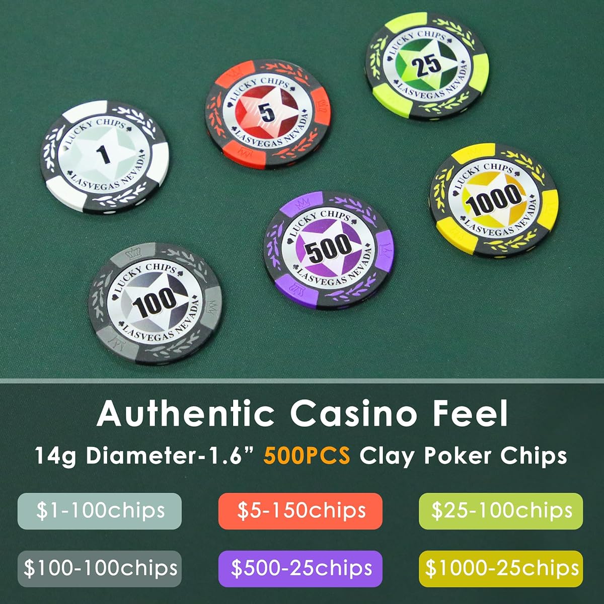 ORIENGEAR Poker Chip Set with Denominations 500 Pieces 14g Clay Composite Casino Chips with ABS Case and 2 Pairs of Plastic Cards for Texas Hold'em Blackjack Gambling Game