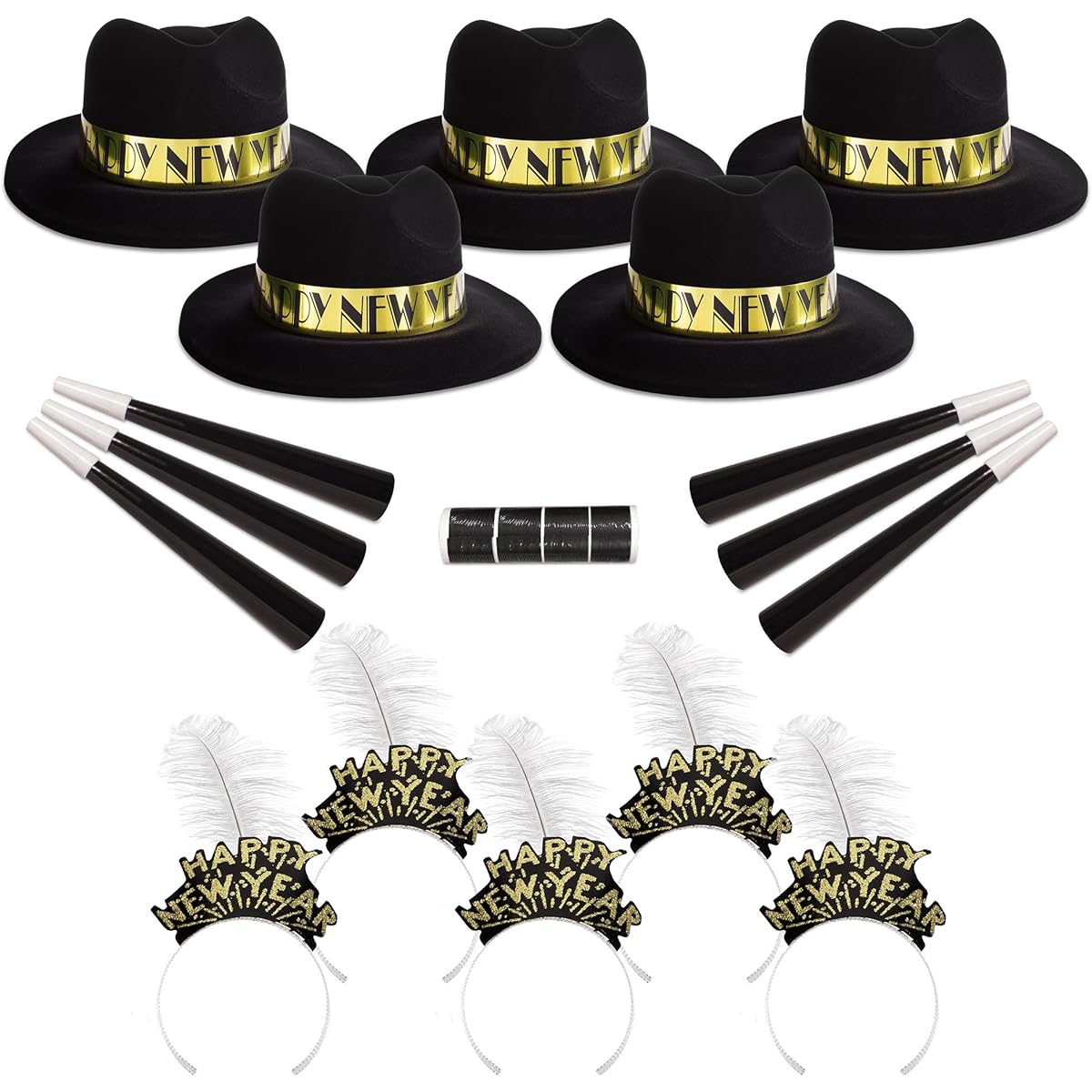 Windy City Novelties - Midnight Gold New Year NYE 2023 Party Kit for 50 People | 25 Velour Fedora Hats | 25 Tiaras | 50 Horns | 50 Streamers | New Year's Eve Party Favors New Year's Party Hats Celebration
