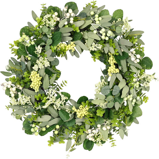 Vlorart Green Eucalyptus Wreath, 24" Artificial Spring Summer Wreath for Front Door Decor, Boxwood Wreath with Large Berries, Farmhouse Greenery Wreath for Outdoor Use All Year Round - Indoor/Outdoor