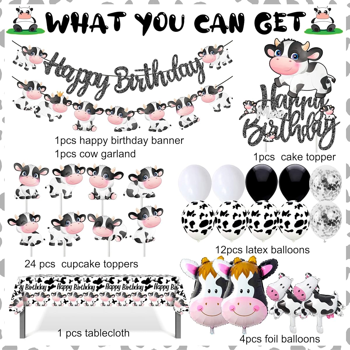 Cow Birthday Party Supplies Cow Print Latex Foil Balloons Cow Happy Birthday Banner Cow Print Tablecloth Baby Shower Farm Animals Cow Themed Birthday Party Supplies 44 Pieces