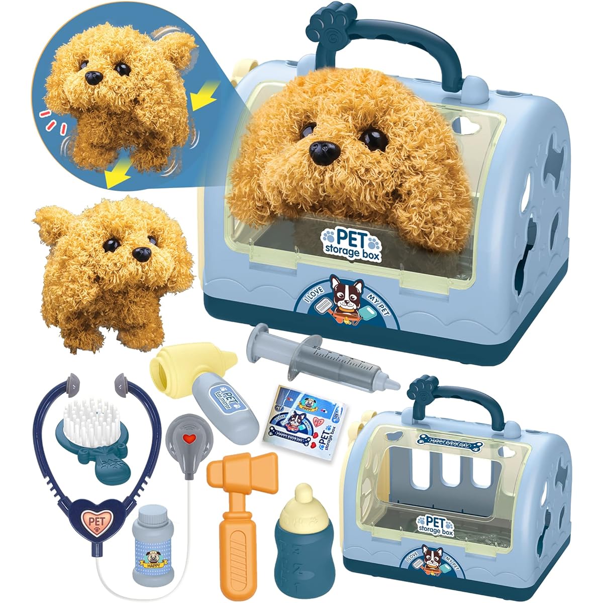 TEUVO Pet Care Playset Robot Dog Toys for Kids 12pcs Veterinarian Playset for Kids Toys Veterinarian Kit Doctor Kit Interactive Electric Stuffed Dog & Cage Pretend Play Gift for Girls Toddlers Age 3 4 5 6 7