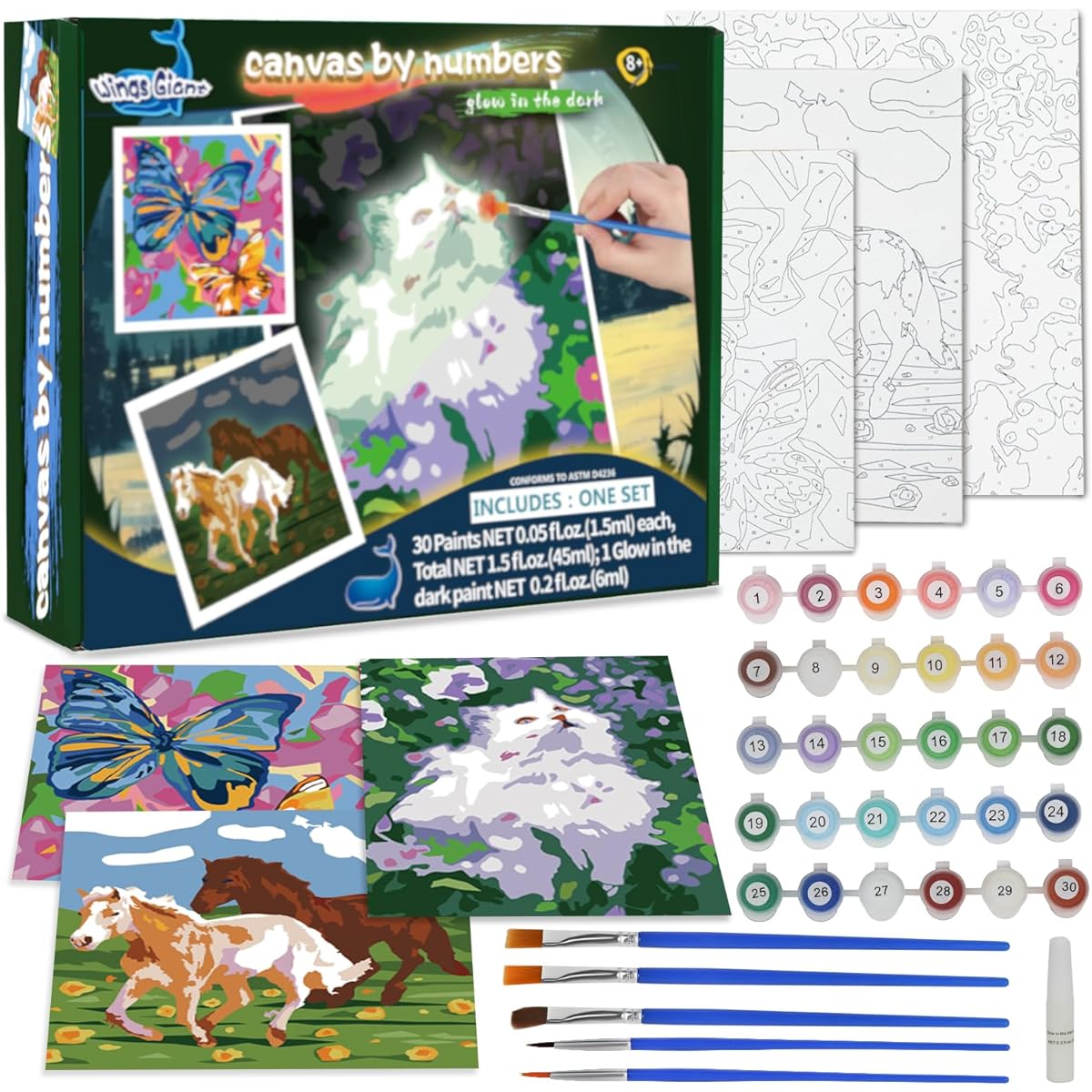 Glow by Number Paint for Kids, Glow in the Dark DIY Crafts, 3 Framed Canvases, 30 Acrylic Paint Pots, 5 Brushes for Kids, Fluorescent Paints, Ages 8-12, Fun and Creative Activities