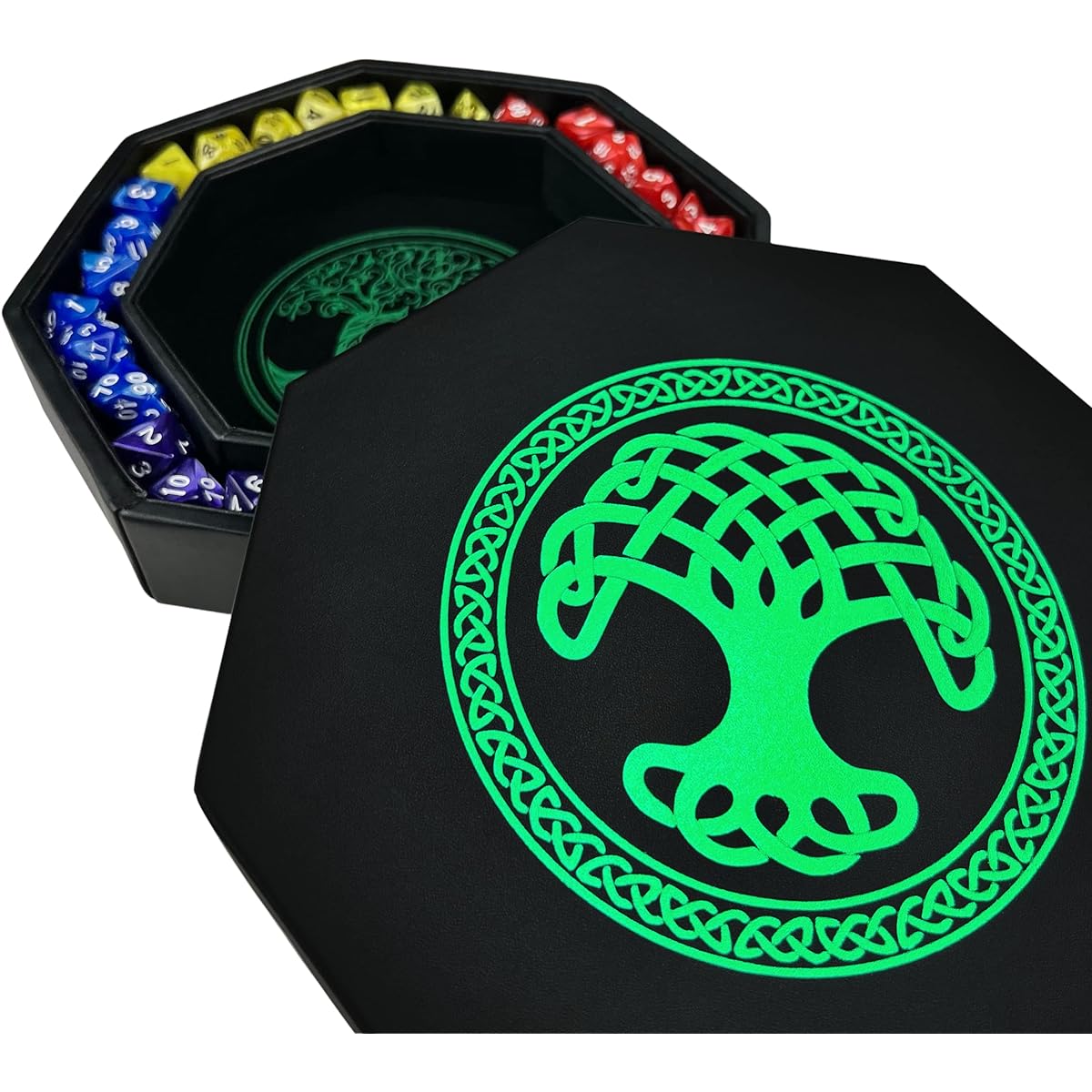 Luck Lab 8" Green Dice Tray with Lid and Dice for RPG Tabletop Games - Tree of Life Design