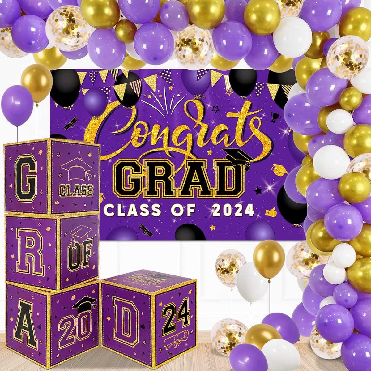 VERSAINSECT Decorations Class of 2024 Purple Graduation Party Supplies Balloon Arch Kit Balloon Box Graduation Banner High School College Graduation Party Decorations (Purple)