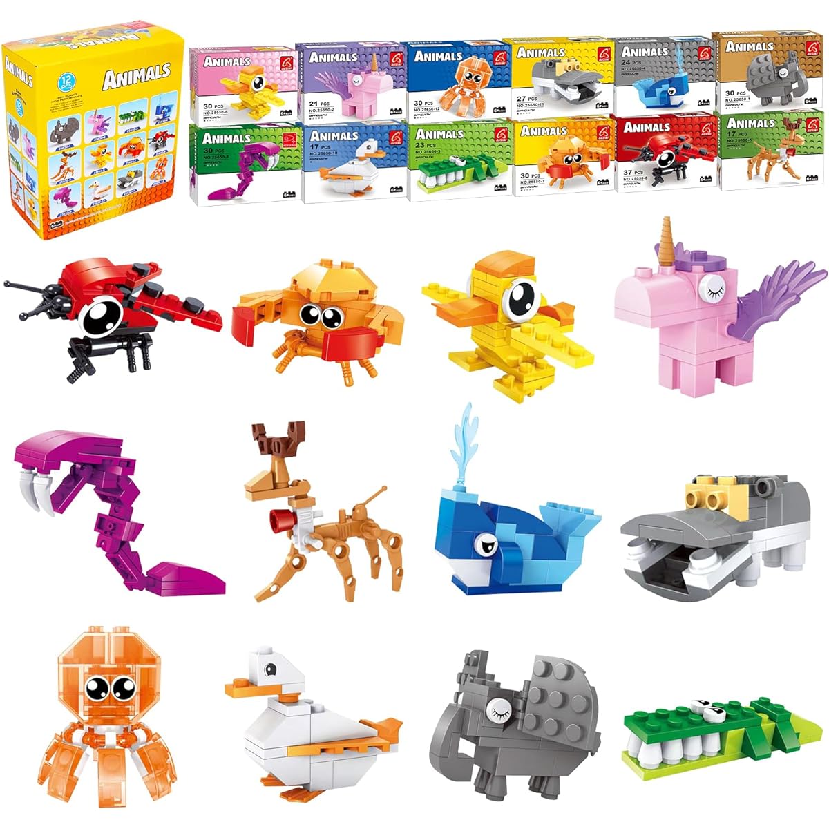 Jellydog Toy Party Favors Goodie Bags for Kids 12 Pieces Mini Building Blocks Animals Building Set Stem Toy Assorted Building Blocks Set Birthday Party Gift Goodie Bag Favor Cake Topper