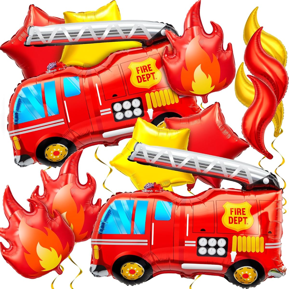 Glimin 18 Piece Fire Truck Balloon Set, 4 Aluminum Foil Frame Balloons, 2 Fire Engine Balloons, 6 Firefighter Balloons, Star Balloons, Rescue Theme Decoration, Firefighter Birthday Party Supplies