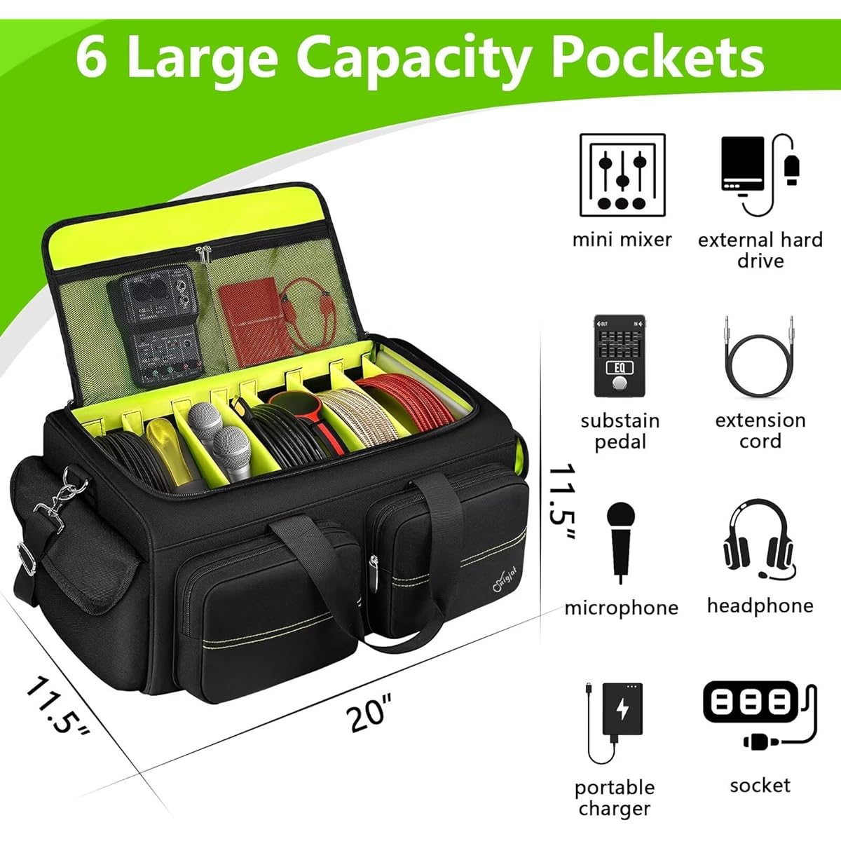 DJ Bag with 8 Removable Dividers Large Capacity DJ Cable Bag 6 Pockets Extension Cords Microphone Pedals Cable Bag for Musicians DJ Equipment Gig Bag with Padded Shoulder Strap Hyper Green, Black, Hyper Green, Modern