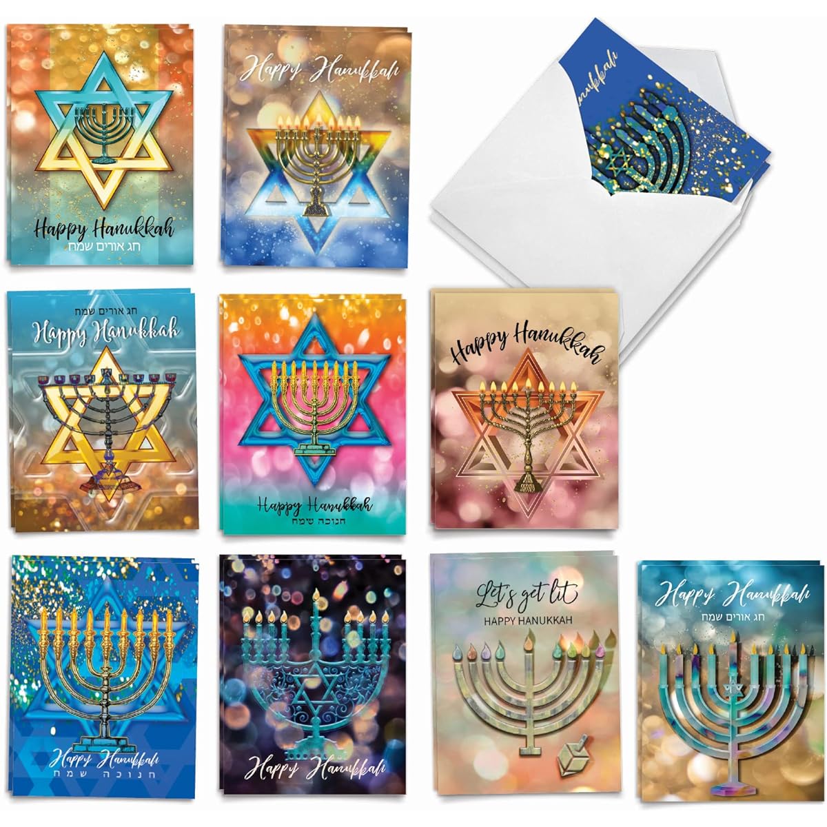 The Best Card Company Festival of Lights - 20 Assorted Boxed Hanukkah Note Cards with Envelopes (4 x 5.12 inches) - Lighted Menorah and Stars AM3687HKB-B2x10