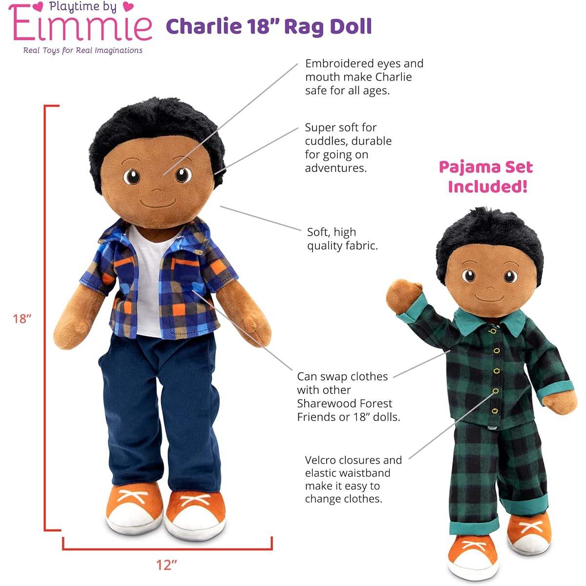 Plushible Soft Baby Doll - 18" Ragdoll for Girls Infants and Babies - First Stuffed Animal for 1 Year Old - 2 Piece Clothing Set - Girl's Toy - Big Starter Cuddles and Snuggles Companion Buddy - Charlie
