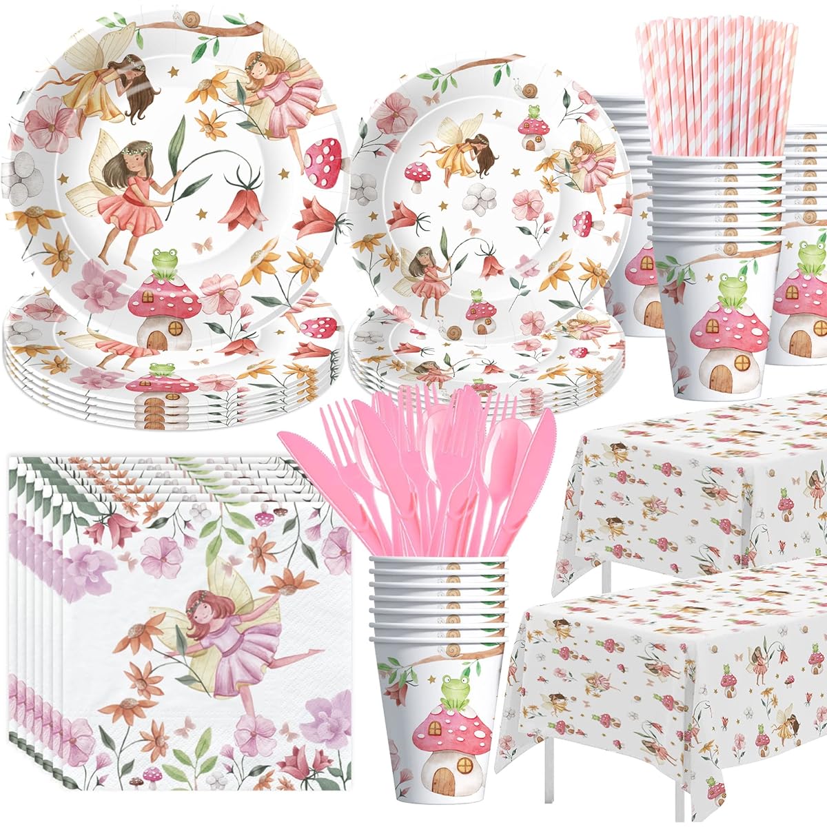 Xigejob Fairy Party Decorations Tableware - Fairy Birthday Party Supplies Plates Cups Napkins Tablecloth Cutlery Flowers Fairies Enchanted Forest Garden Birthday & Baby Shower Decorations | Serves 24