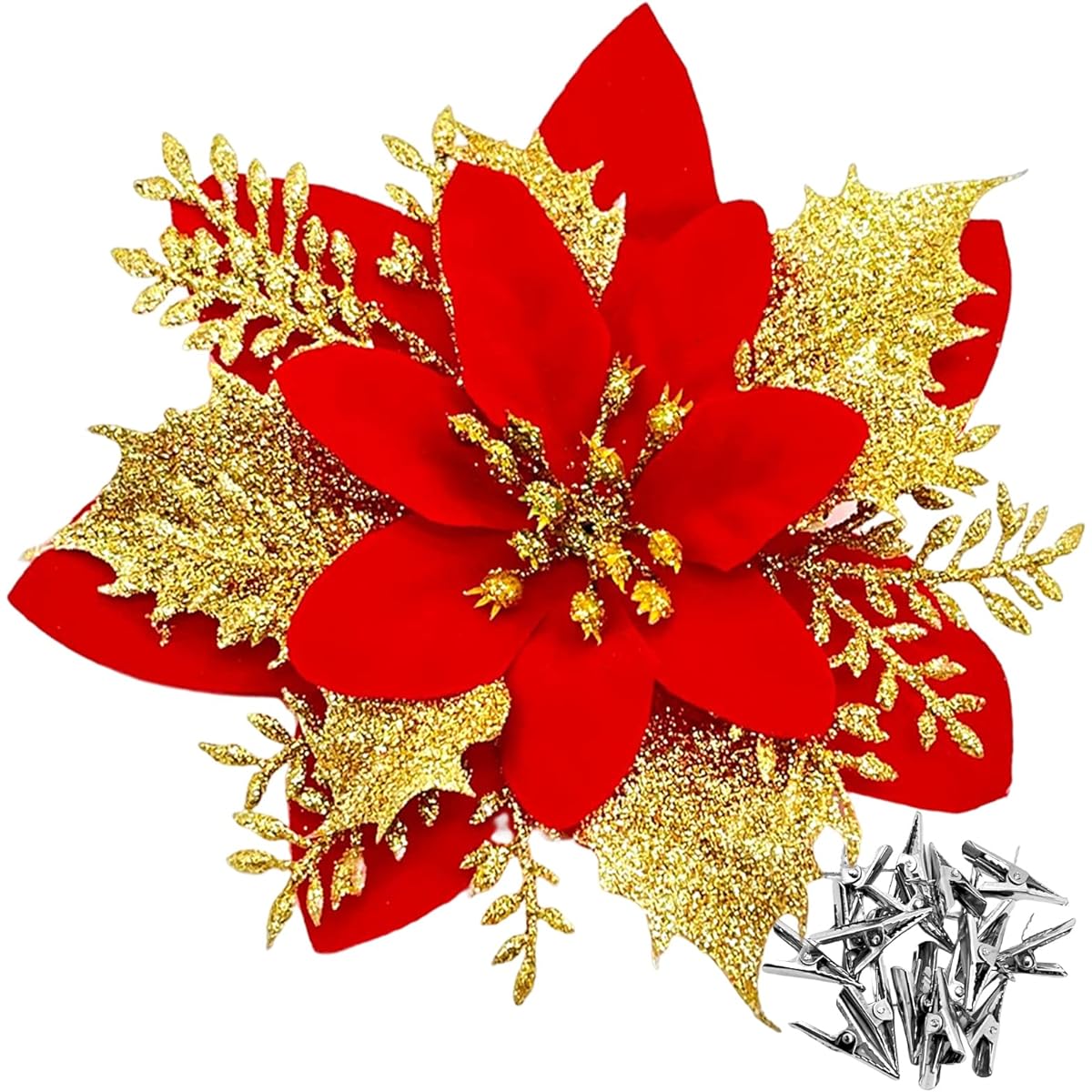 Mczan Glitter Poinsettia Artificial Flowers with Clips, 20pcs Artificial Poinsettia Flowers Bulk Christmas Fake Flower Decorations Christmas Tree Decor Ornament Set (5.5 inch Light Red)