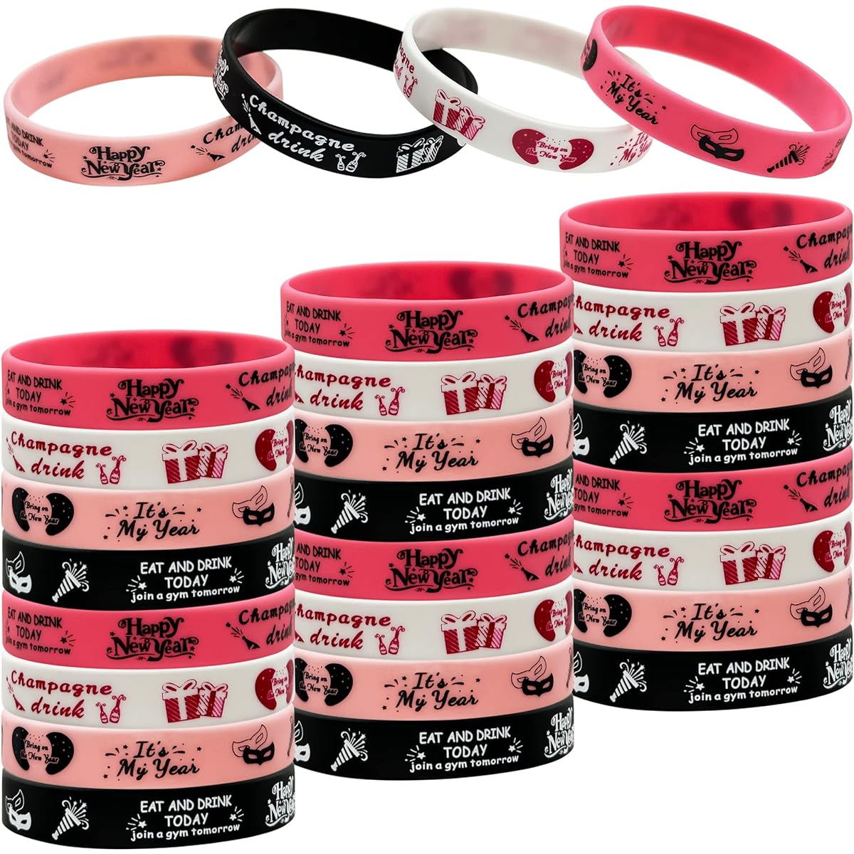 New Year Party Supplies Rubber Bracelet Happy New Year Silicone Wristband Party Favors New Year's Eve Gift New Year Party Goodie Bag Trinket Bag for NYE Party 24pcs, one size, rubber silicone, no jewelry.