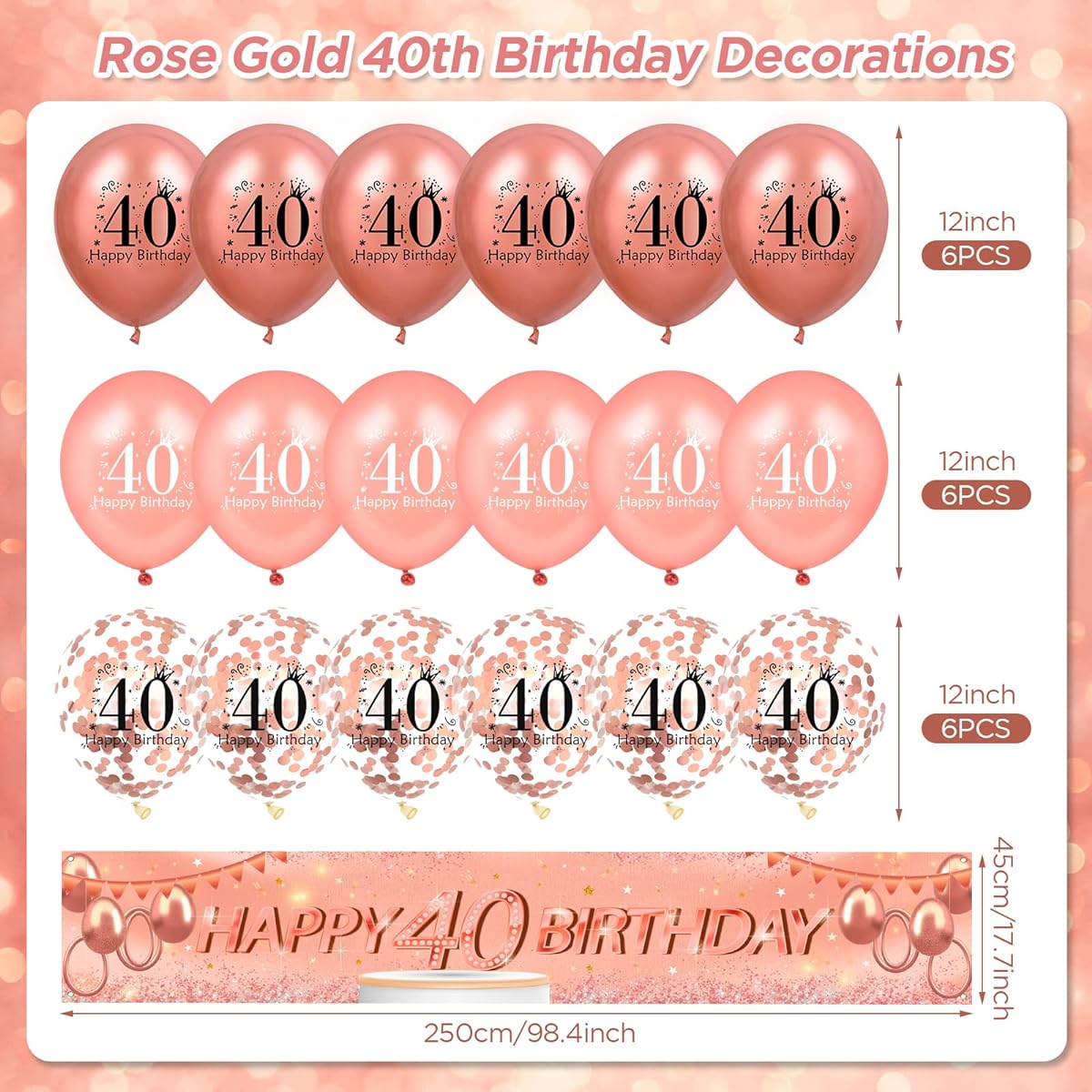 Rose Gold 40th Birthday Decorations for Women, Rose Gold Happy 40th Birthday Yard Banner, Rose Gold 40th Birthday Balloons, 40th Birthday Party Decorations Supplies