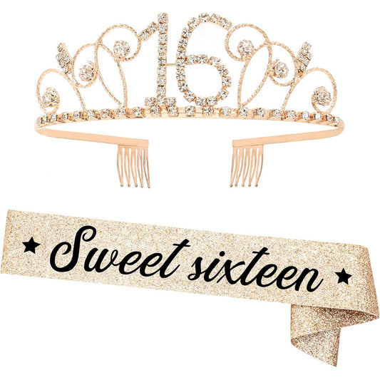 "Sweet Sixteen" Sash and Rhinestone Crown Set - 16th Birthday Party Gift Birthday Sash Girls Birthday Party Supplies