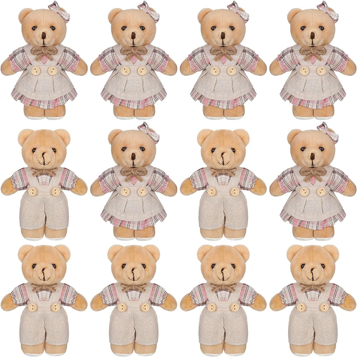 12pcs Mini Teddy Bear Stuffed Animal Plush Toy Bear Mini Couple Bears in Burlap Clothes Small Bear Toys for Birthday/Wedding Decoration/Christmas Party Favors (Pink Plaid Style)