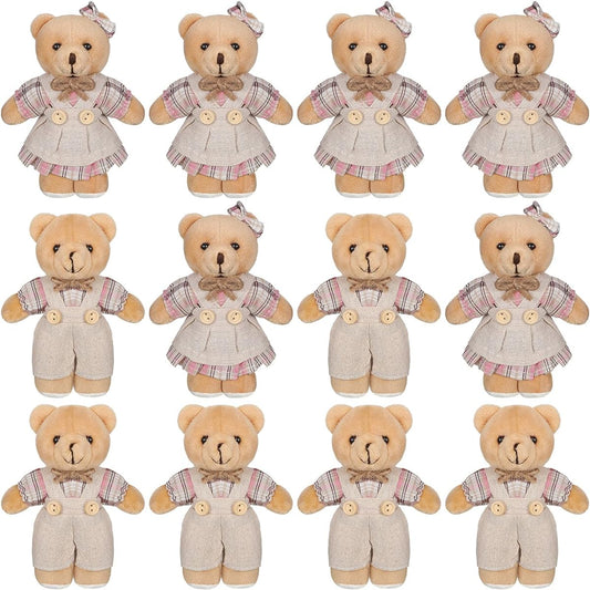 12pcs Mini Teddy Bear Stuffed Animal Plush Toy Bear Mini Couple Bears in Burlap Clothes Small Bear Toys for Birthday/Wedding Decoration/Christmas Party Favors (Pink Plaid Style)
