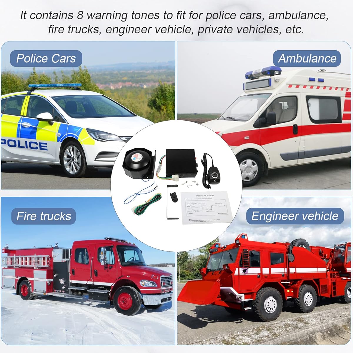 DICMIC 200W 8 Tone Emergency Warning Siren PA Speaker System with Handheld Microphone & 2 Light Control Switches