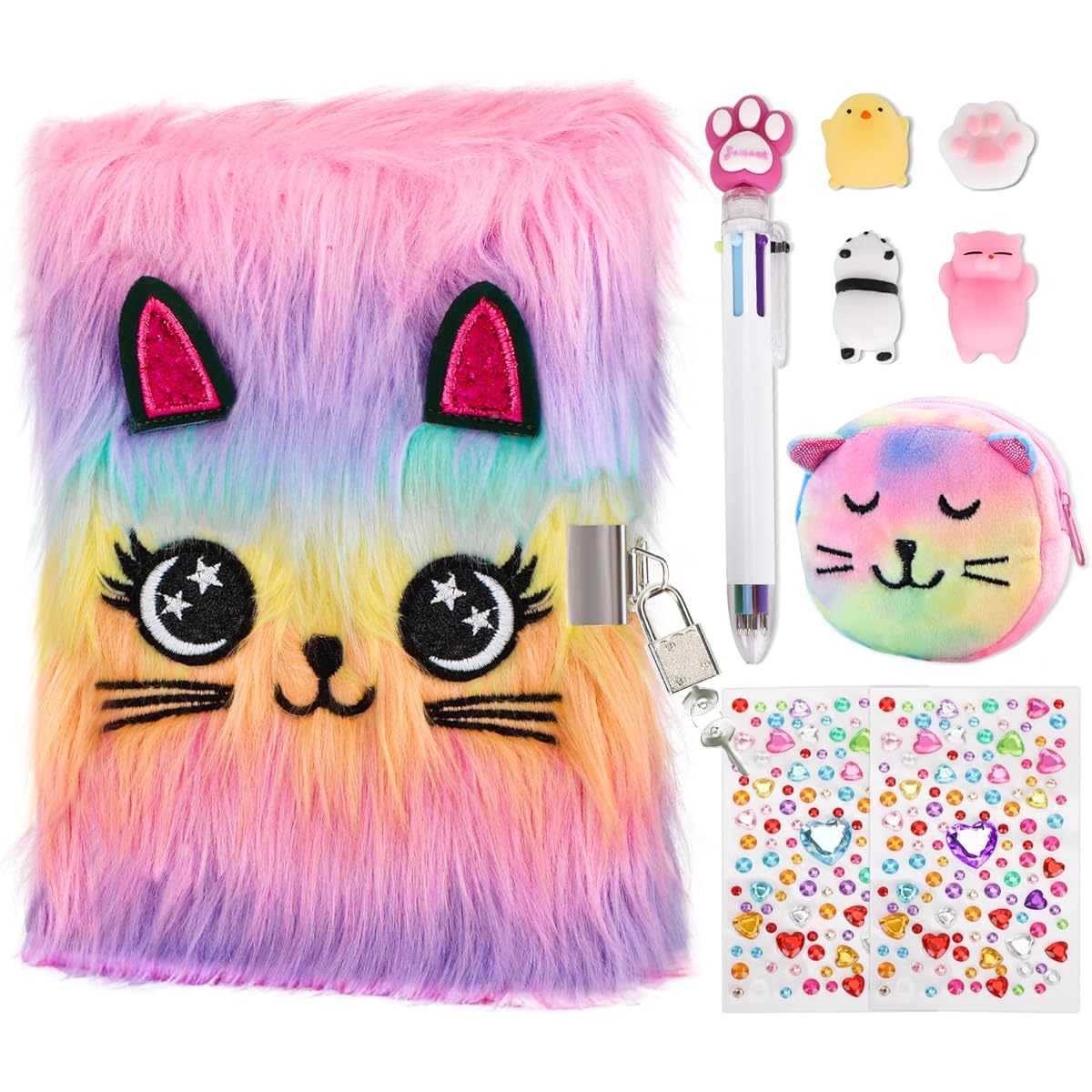 HOMICOZY Cat Diary with Lock and Key for Girls Plush Secret Journal 160 Lined Pages Hardcover Fluffy Locking Notebook for Writing and Drawing Cute Fuzzy Stationery Gifts for Ages 6+