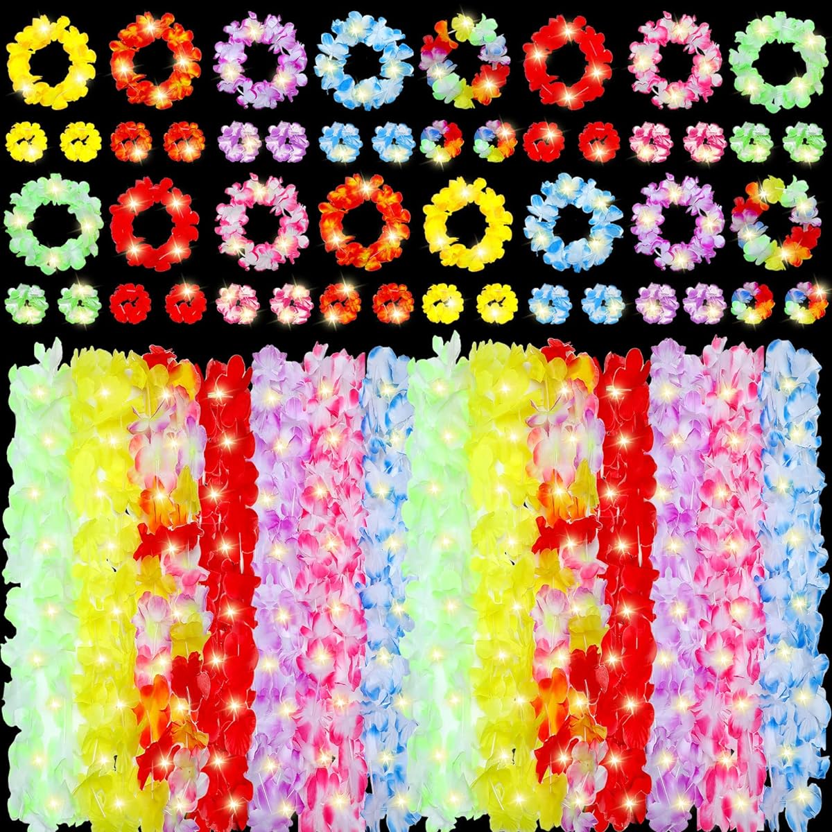 24 Sets Hawaiian Party Flower Leis Necklaces Headbands and Bracelets with 24 LED String Lights for Wedding Birthday Beach Holiday Hawaii Theme Dance Party Decorations