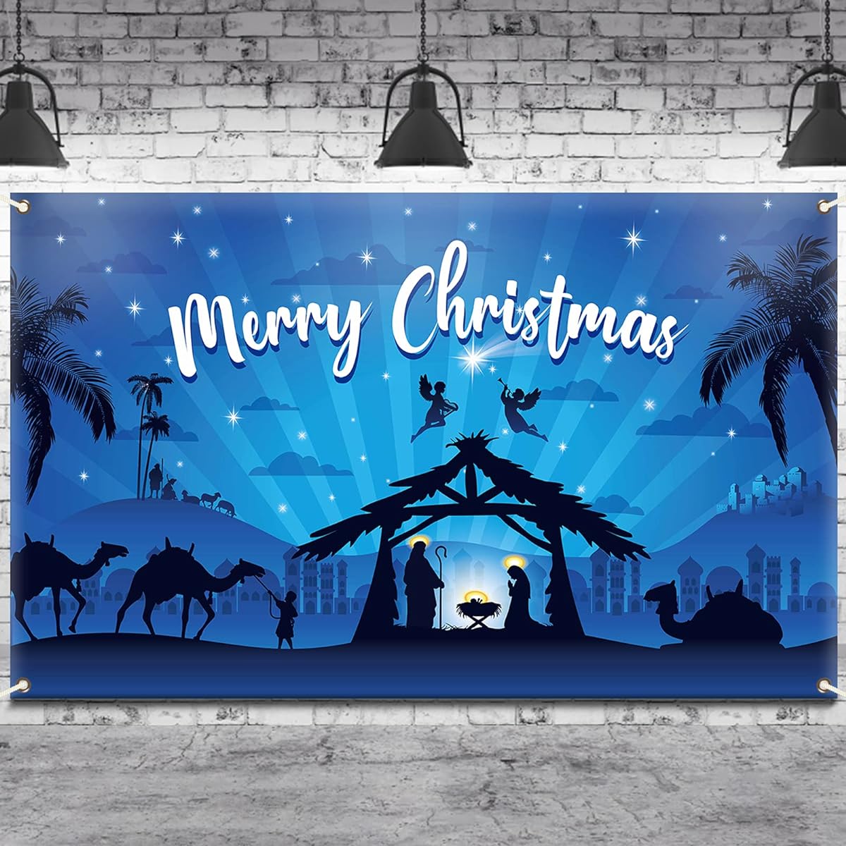 Holy Nativity Christmas Background Decoration Outdoor/Indoor Manger Scene Religious Blue Banner Background Home Office Decor