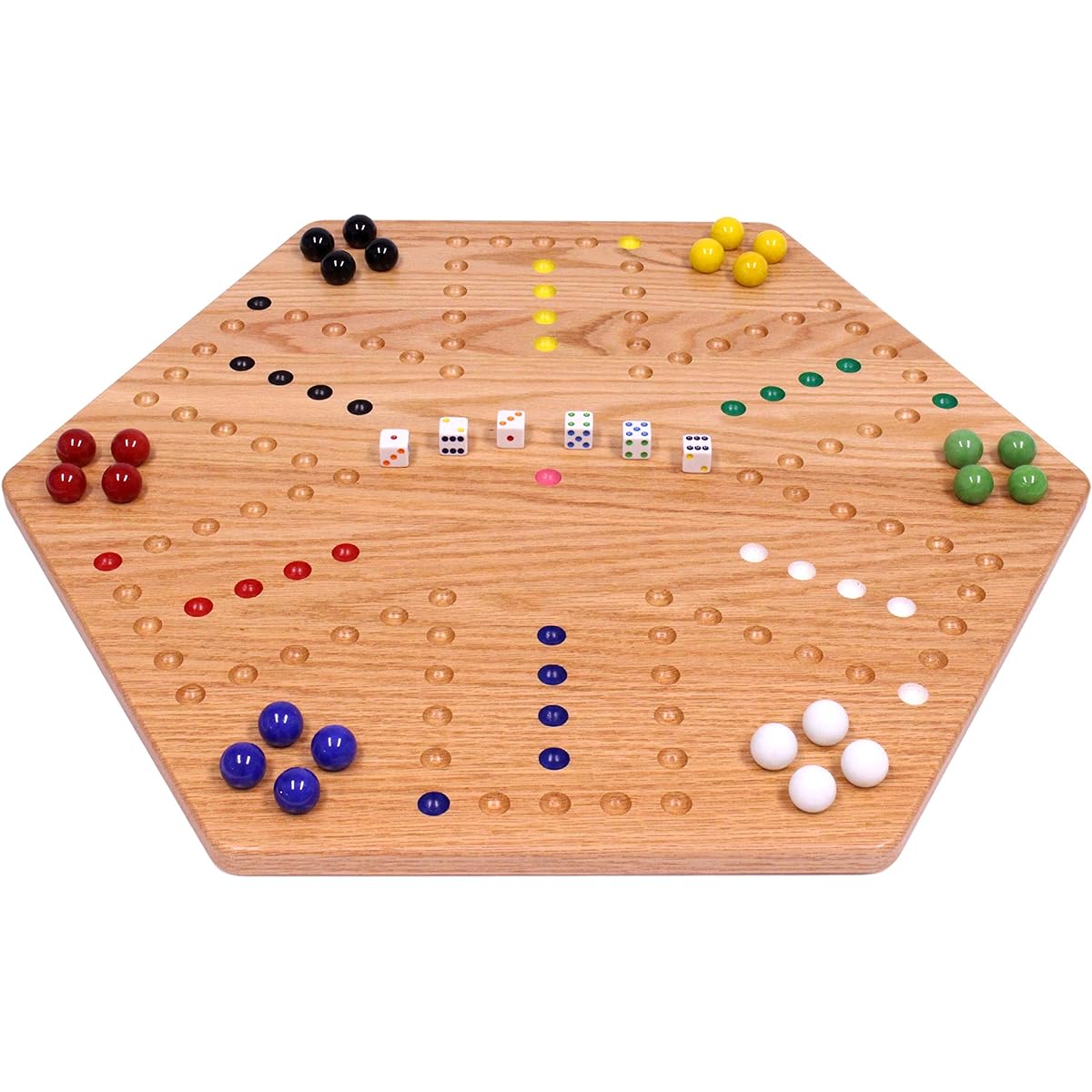 AmishToyBox.com Wahoo Wooden Marble Game Board Set - Large 24" Wide - Solid Oak Wood - Double Sided - Includes Large 22mm Marbles and Dice