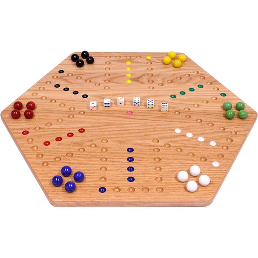 AmishToyBox.com Wahoo Wooden Marble Game Board Set - Large 24" Wide - Solid Oak Wood - Double Sided - Includes Large 22mm Marbles and Dice