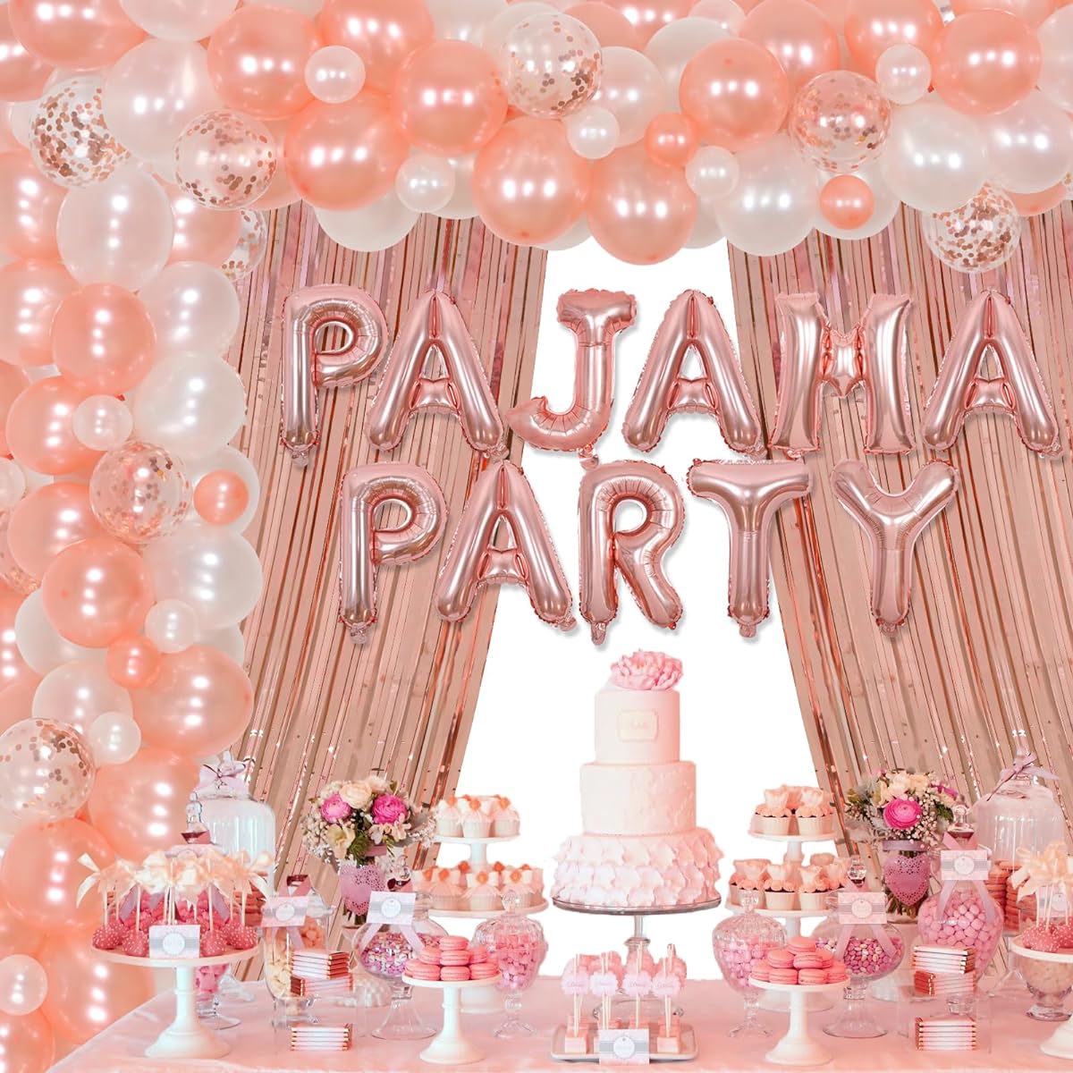 Pajama Party Supplies for Girls Women Rose Gold Balloon Garland Kit Sleepover Slumber Party Ladies Night Spa Party Decorations Foil Tinsel Curtains Pajama Party Balloon Banner