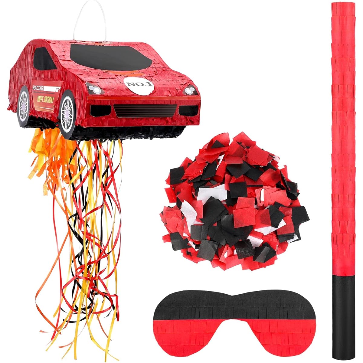 Race Car Pinata with Pull String Blindfold Bat Confetti Birthday Game for Kids Boys Race Fan Party Game Supplies