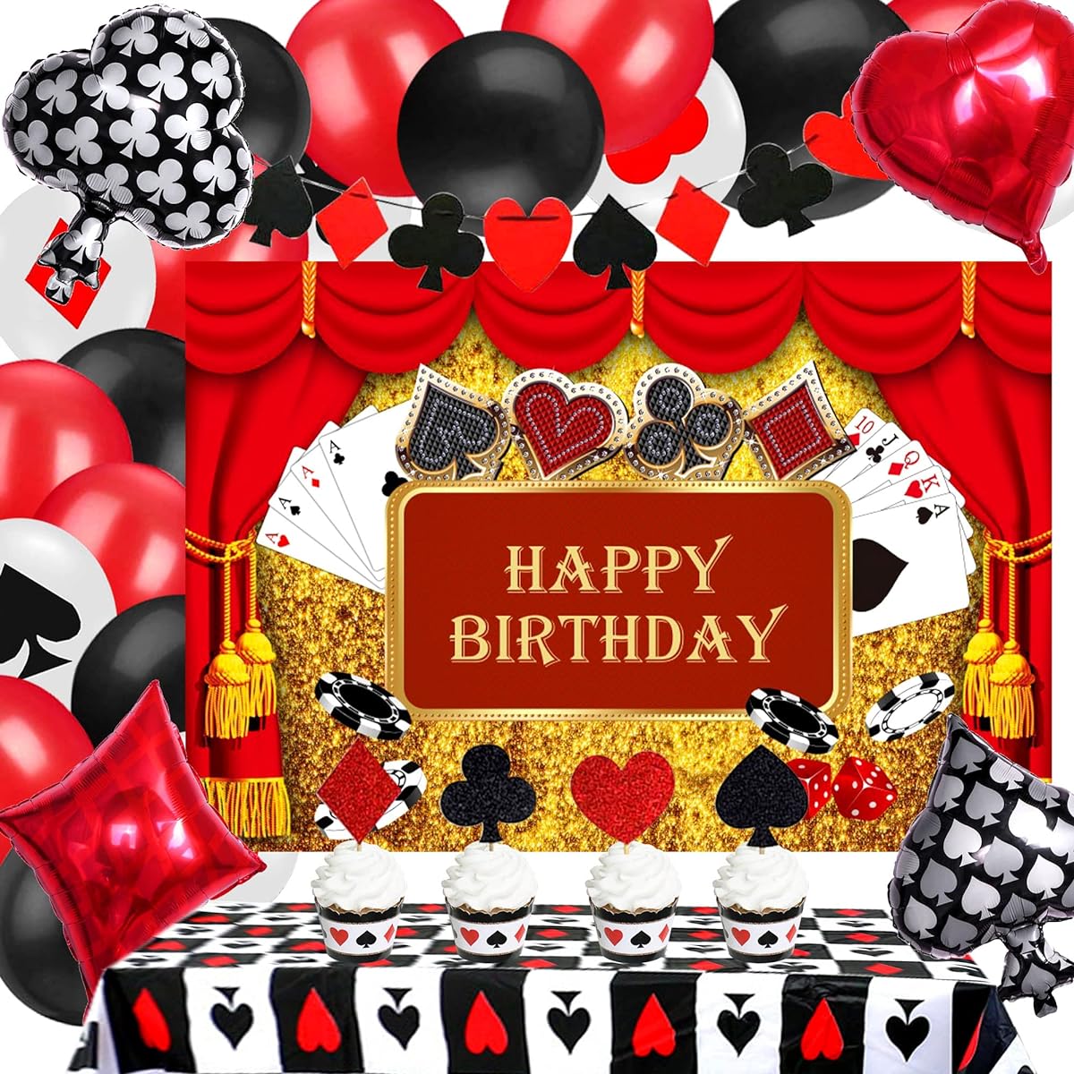 Casino Birthday Party Backdrop Poker Birthday Party Supplies Poker Birthday Banner Casino Birthday Party Backdrop Queen of Hearts Party Decorations 40 Pieces