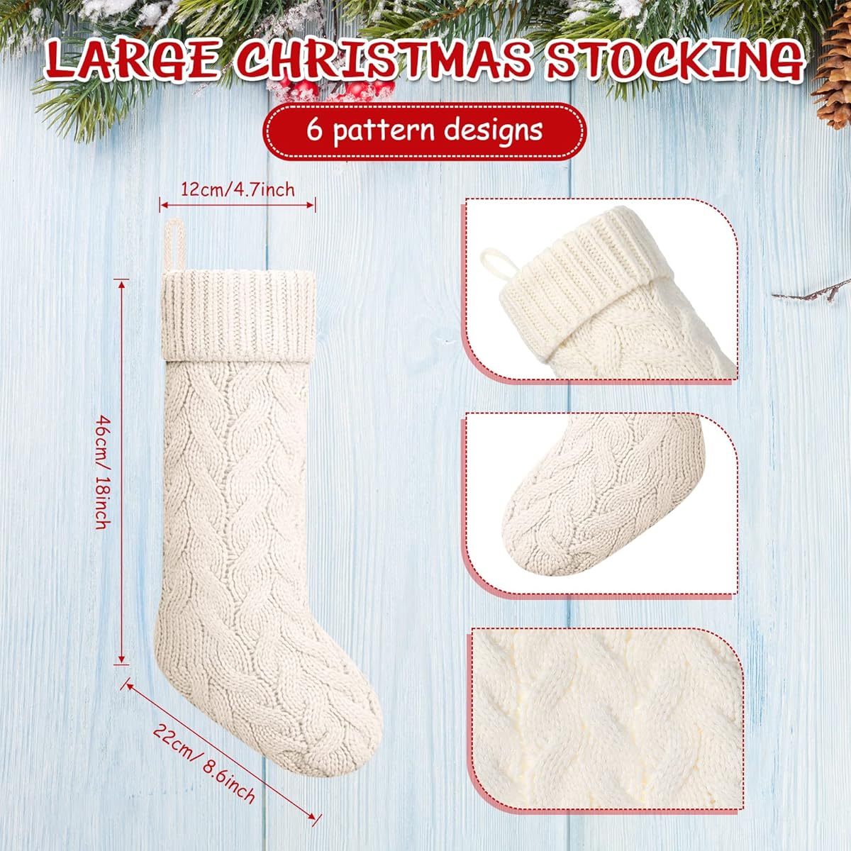 Vinsot Christmas Stockings 12 Pieces 6 Pairs 18 Inch Knitted Christmas Stockings Large Rustic Stockings Cable Knit Christmas Stockings for Family/Holiday/Christmas Season Decoration (White)