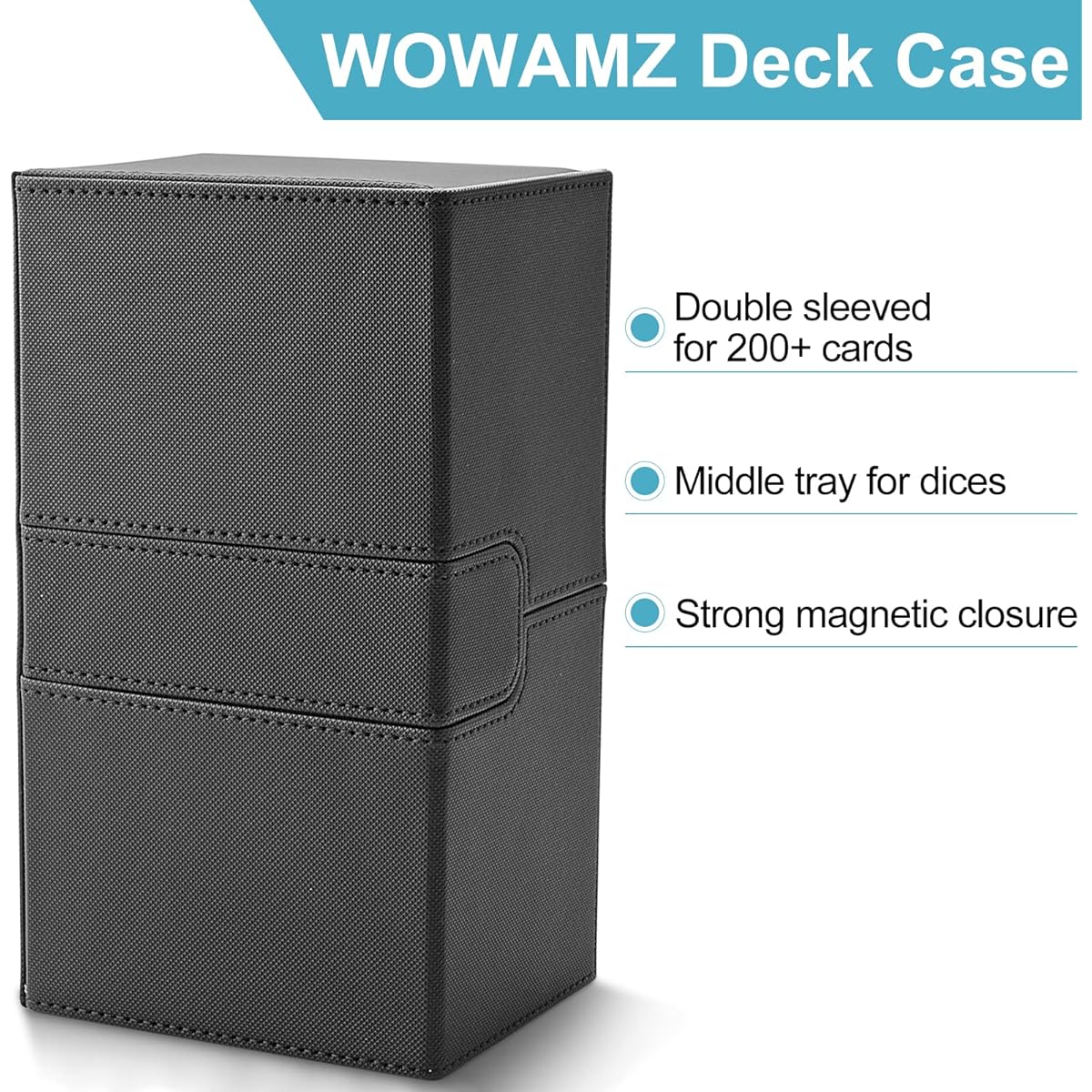 WOWAMZ Deck Box for MTG, Commander Deck Box for 200+ Sleeved Cards, Card Deck Box for MTG/TCG/CCG, Premium Leather Twin Flip Card Storage Deck Case with 3 Trays for Protecting Game Cards (Black)