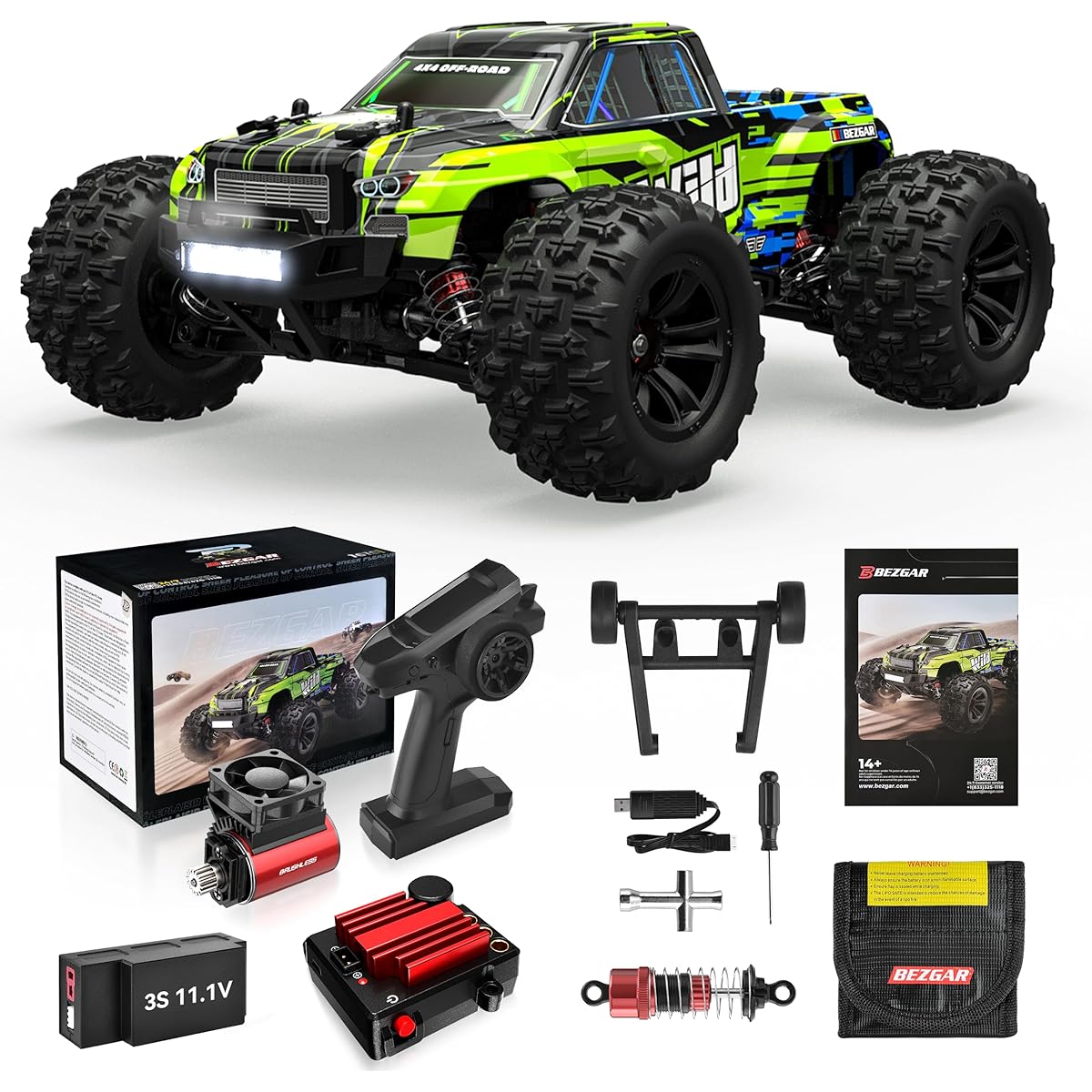 BEZGAR HP161S 1:16 4X4 RTR Brushless High Speed RC Car for Adults - High Speed Up to 68kph Off-Road Brushless RC Truck Electric Hobby Grade RC Monster Truck with 3S Battery Gifts for Boys Age 8-12 Adults
