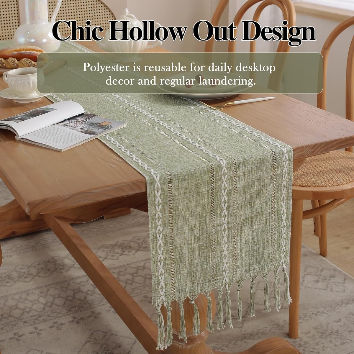 Hanne Fashion Rustic Table Runner with Tassels Farmhouse Style Cotton Linen Table Runner for Holiday Party Wedding and Dining Decor (13 x 72 inches, Green)