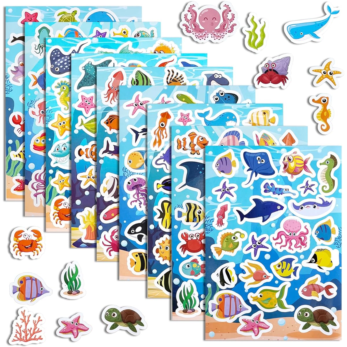 Cieovo 36pcs Cute Sea Animals Adhesive Stickers Tropical Fish Shark Decals Stickers Self-Adhesive for Ocean Theme Party Decoration Classroom Reward