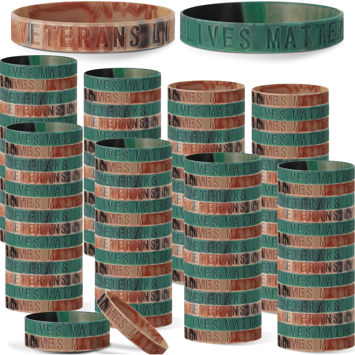 Veterans Lives Matter Wristband Bracelets, Camouflage Army Rubber Bracelets, Camo Silicone Military Bracelets for Men and Women, Veterans Day Memorial Gifts, Green and Yellow, 160 pcs