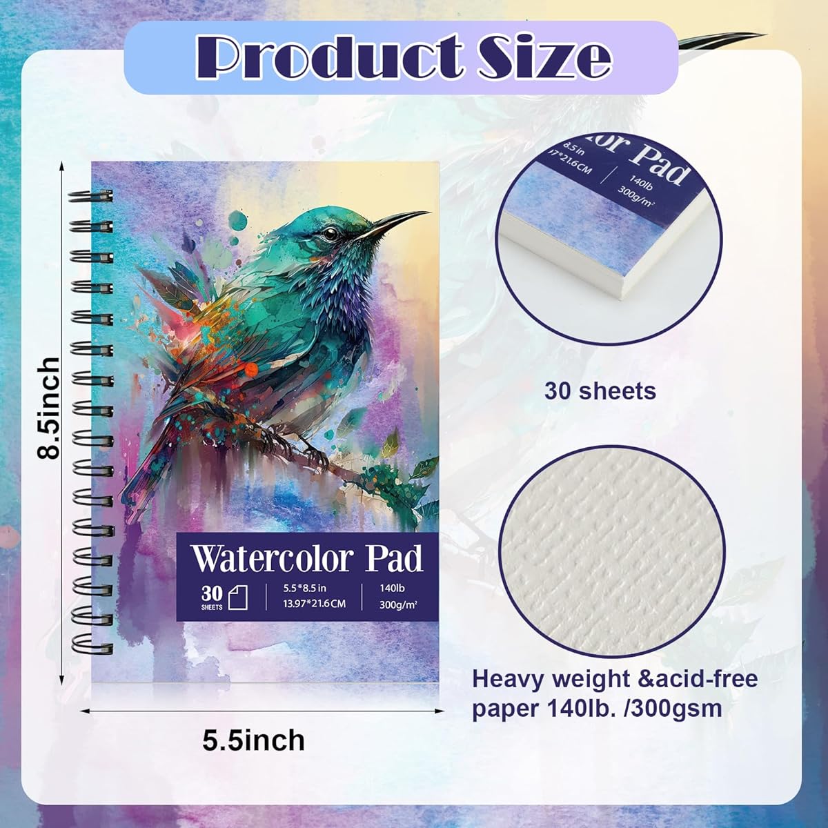 Jetec 12 Sheets 5.5 x 8.5 Inch Watercolor Paper Pad 140lb 300gsm Watercolor Pad Art Supply Acid Free Paper 30 Sheets Each Spiral Bound for Paint Pencil Ink Charcoal Pastel Acrylic Wet Dry Media Artists